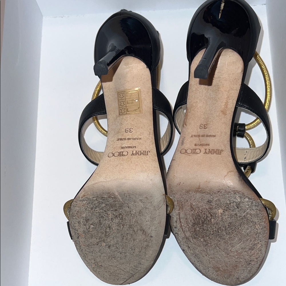 Like New Jimmy Choo Black and Gold Strappy Heels - Picture 7 of 10